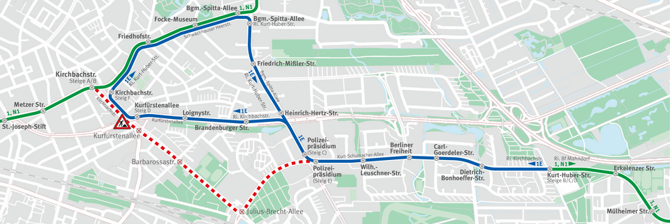 Umleitung der Linien 1, N1 und Ersatzverkehr mit Bussen der Linie 1E